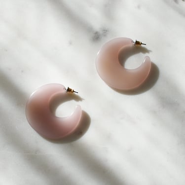 vintage crescent hoop earrings, pale pink lucite hoops 