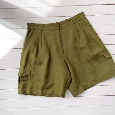 high waisted shorts | 80s 90s vintage dark olive green brown cotton pleated cargo shorts 