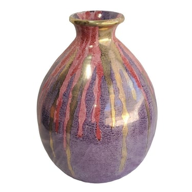 Mid Century Modern Italy Cracked Glaze Monumental Vase Drip Pottery Purple Gold 
