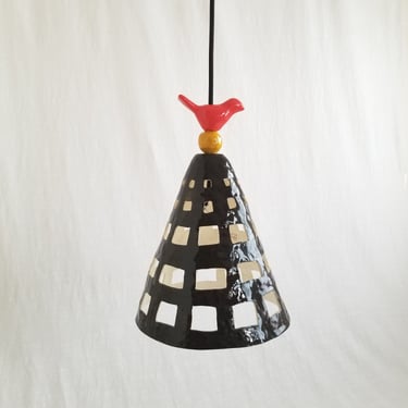 Hanging black, cone, pendant light with red ceramic bird. Plugin cord 