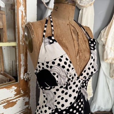 Vintage RARE 60s Psychedelic Halter Pony and Polka Dot Print Abstract Maxi Dress; 60s Day Glo Neon Hostess Dress Black White Geometric Mod 