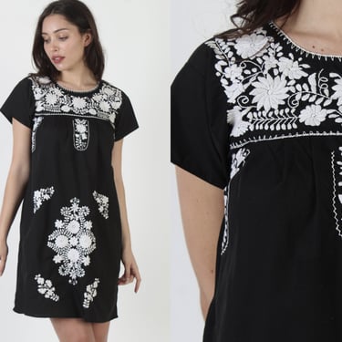 Black White Embroidered Mexican Dress / Simple Fiesta Clothing / Floral Hand Embroidered Flutter Sleeve Dress 