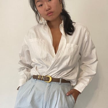 90s pocket shirt blouse / vintage white on white cotton oversized minimalist pocket shirt blouse | Medium 