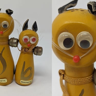 Vintage 50s Kitsch Wooden Yellow Cat Magnetic Salt and Pepper Shakers 