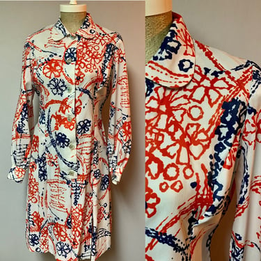 Vintage 70s Mod Floral Red White Blue Dress Size Medium 