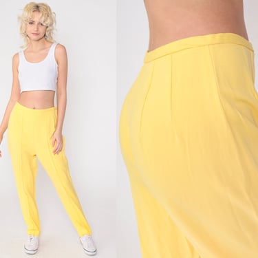 Yellow Stirrup Pants 80s Tapered Trousers High Waisted Creased Slacks 1980s Slim Leg Vintage Preppy Medium Tall 