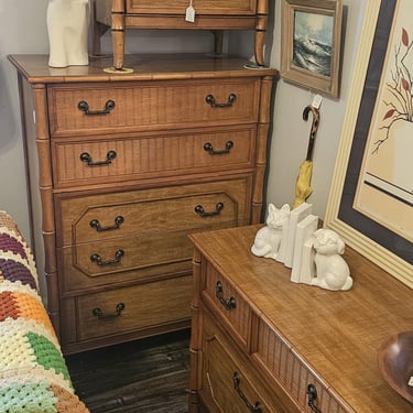 Vintage Faux Rattan Lenoir by Broyhill 3 Piece Bedroom Set Dressers Nightstand 