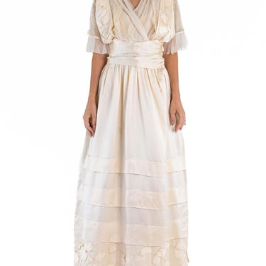 Edwardian Cream Silk Satin  Lace Rare Wedding Or Presentation Gown 