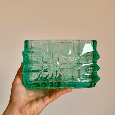 Vintage Turquoise Glass Rectangular Vase / Large Vase / Decorative Vase / Czech Sklo Union Jardiniere Glass Vase by Vladislav Urban / 1960s 