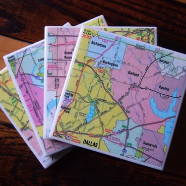 1987 Dallas Texas Map Coaster Set of 4. Dallas Map. Vintage Texas Coasters. Housewarming Gift. Texas Decor. City Map Gift. Barware Texas. 