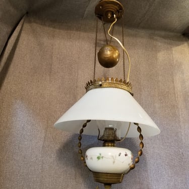 Electric Converted Oil Lamp. Ceiling Mounted. 14 x 27 Pendant Light