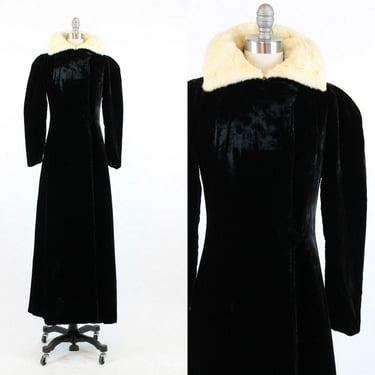 1930s silk velvet long coat xs  | dressing robe ermine fur collar 