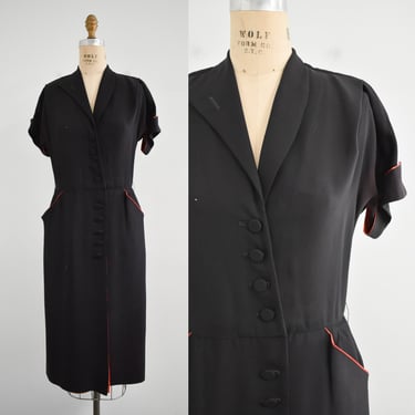 1940s Black Dress with Red Lining 