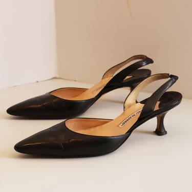 Vintage Manolo Blahnik Black Leather Kitten Heel Slingback Pumps sz 38 8 Sex and the City Style Y2K Low Heel 