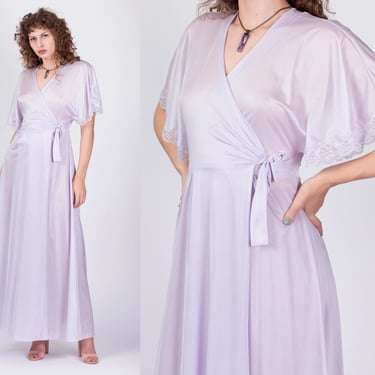 Vintage 70s Lily Of France Lilac Wrap Dressing Gown - Medium | Rosa Puleo Szule Boho Old Hollywood Flutter Sleeve Lace Trim Peignoir Robe 