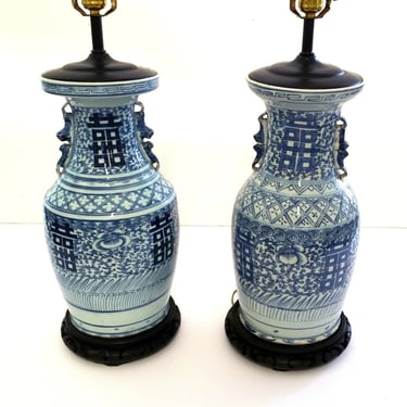 Large Asian Blue and White Porcelain Lamps 