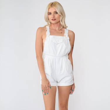 White Romper Shorts 80s Summer Playsuit High Waisted One Piece Overalls Vintage Sleeveless Bib Romper Pocket 1980s 2xs xxs Petite 
