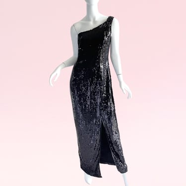 1980s Vintage Sequin Black One Shoulder Disco Party Evening Dress Medium, Designer First in Fashion Gown 