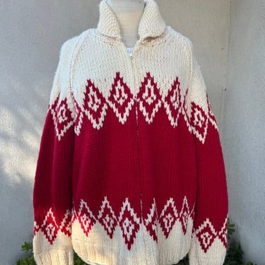 Vintage cowichan cardigan hand knit sweater red off white Wm L/XL Mens M/L 