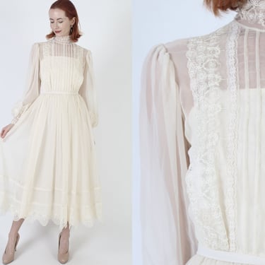 Romantic Chiffon Wedding Dress, Tuxedo Floral Lace Sheer Sleeves, Classic Vintage 70s Long Bridal Scallop Hem Gown 