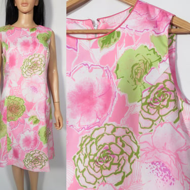 Vintage 60s/70s Floral Watercolor Shift Dress Size L 