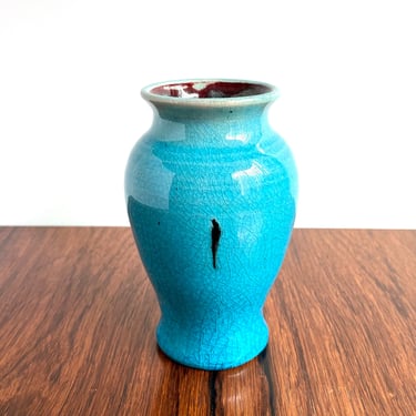Pisgah Forest Pottery Vase in Turquoise Crackle and Copper Red Glazes 