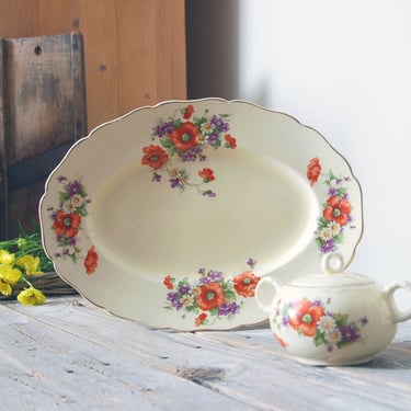 Vintage floral pattern china platter & sugar bowl / Keystone Canonsburg pottery / cottage home decor / shabby chic /  floral serving platter 