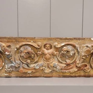 18th/19th Century Italian Baroque Architectural Frieze Panel, Relief Carved Polychrome Painted Wood Grotesque Rinceau Wall Sculpture 