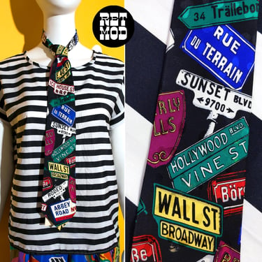 Deadstock Quirky Statement Famous Street Signs Novelty Print Vintage 80s 90s Neck Tie by Addiction 