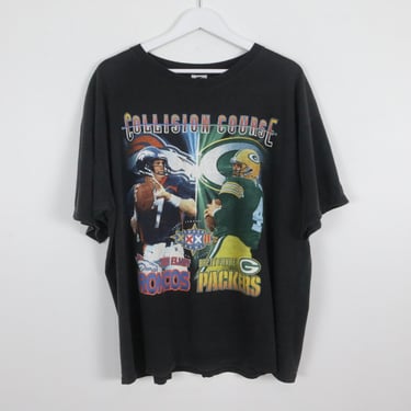 vintage DENVER broncos John Elway vs. Green Bay PACKERS Brett Favre super bowl 1998 Starter brand t-shirt oversize slouchy NFL -- size X.L. 