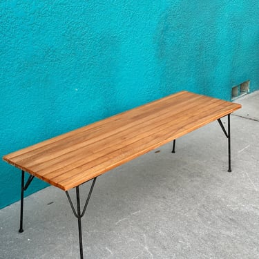 Mid Century Slat Wood  Bench Coffee Table With Bench With Iron Legs 