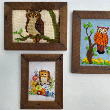 70's Vintage Owl Fiber Art Instant Collection, Owl Lovers, Needlepoint, Crewel Embroidery, Cabin Wall Decor, Rustic 