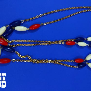 Lovely Vintage 60s 70s Gold Chain Long Necklace with Red, White, Blue Beads - Wear Long or Double Up 