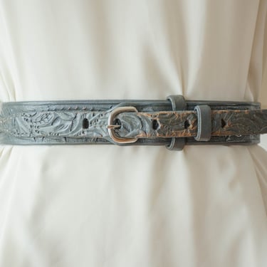 gray tooled leather belt | 70s plus size vintage light gray floral tooled leather waist belt 