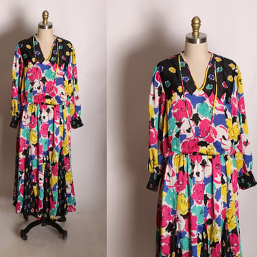 1980s Two Piece Black, Pink and Yellow Abstract Floral Print Blouse with Matching Skirt Outfit by Indigo Lites 