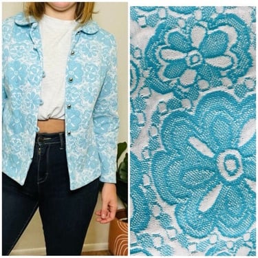 Vintage 60s Blue & White Daisy Floral Hippie Button Front Cropped Little Blazer Jacket 