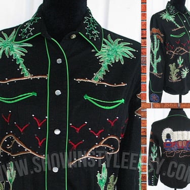 Rockmount Ranchwear Vintage Western Retro Women's Cowgirl Shirt, Rodeo Queen, Embroidered Western Designs, Tag Size Medium (see meas. photo) 