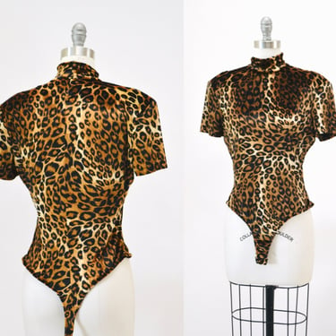 90s Leopard Animal Print Velvet Body Suit Cache Size Medium Large // Animal Print Body Suit Thong Body Suit Short sleeve Mock Neck Body Suit 