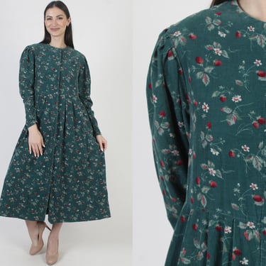 Laura Ashley Designer Dress, Floral Corduroy Material, Vintage Cord Garden Print With Pockets, Size US 14 UK 16 