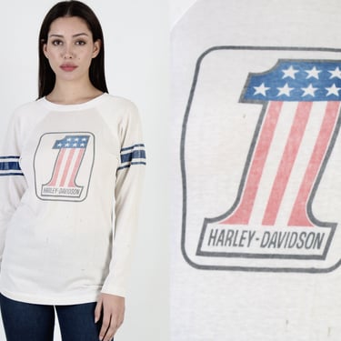 Harley Davidson Number One T Shirt, Vintage 70s Champion Motorcycle Tee, 1970's Blue Bar #1 Racing Long Sleeve Size M 