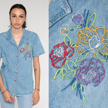 Floral Denim Shirt 90s Embroidered Top Button Up Blouse Blue Short Sleeve Retro Hippie Garden Flower Print Raw Hem 1990s Vintage Medium M 