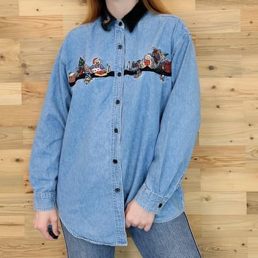 Vintage Embroidered Denim Button Up Holiday Christmas Shirt 