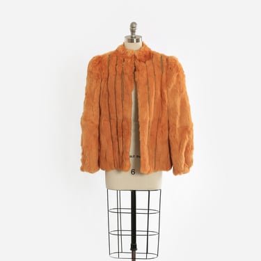 Vintage 70s orange Rabbit Fur Coat Plush chubby Stroller Jacket 