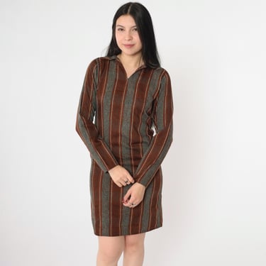 70s Shift Dress Striped Mini Dress Retro Brown Grey Orange Mod Long Sleeve Minidress V Neck Casual Vintage 1970s Extra Small xs 0 