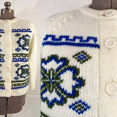 Vintage Kimlon Cardigan Sweater Ice Blue Flowers Fair Isle Ski Ivory Cream Blue Green Large 1960s 
