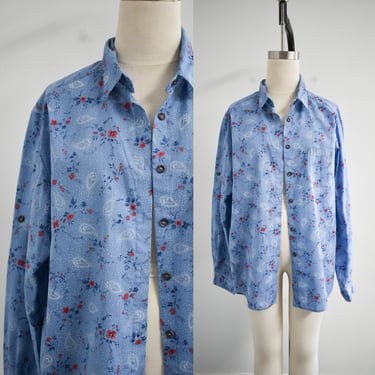 1990s Blue Chambray Printed Blouse 