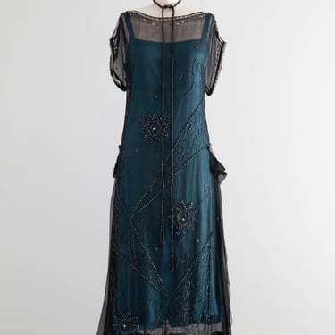 1920's Midnight in Paris Beaded Silk Flapper Dress With Stars / M