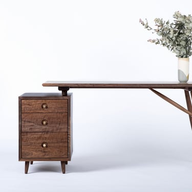 Mid Century Modern Desk | Solid Wood Writing Desk with Storage | Scandinavian Walnut Desk | Danish Modern Desk | Rustic Wooden Computer Desk 