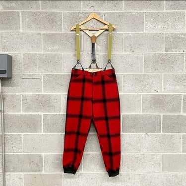 Vintage Pants Retro 1940s RARE + &amp;quot;Profile&amp;quot; + All Wool + Red and Black + Buffalo Plaid + Police Brace Suspenders + 34&amp;quot; Waist + Men's Bottoms 
