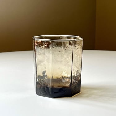Set of 5 Vintage Smokey Brown Glass 8 Sided Whiskey Glasses with a Textured Finish 